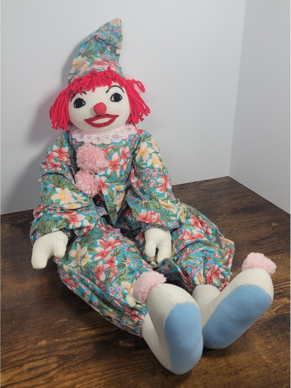 Vintage Handmade Floral Themed Rag Doll Cloth Clown Doll